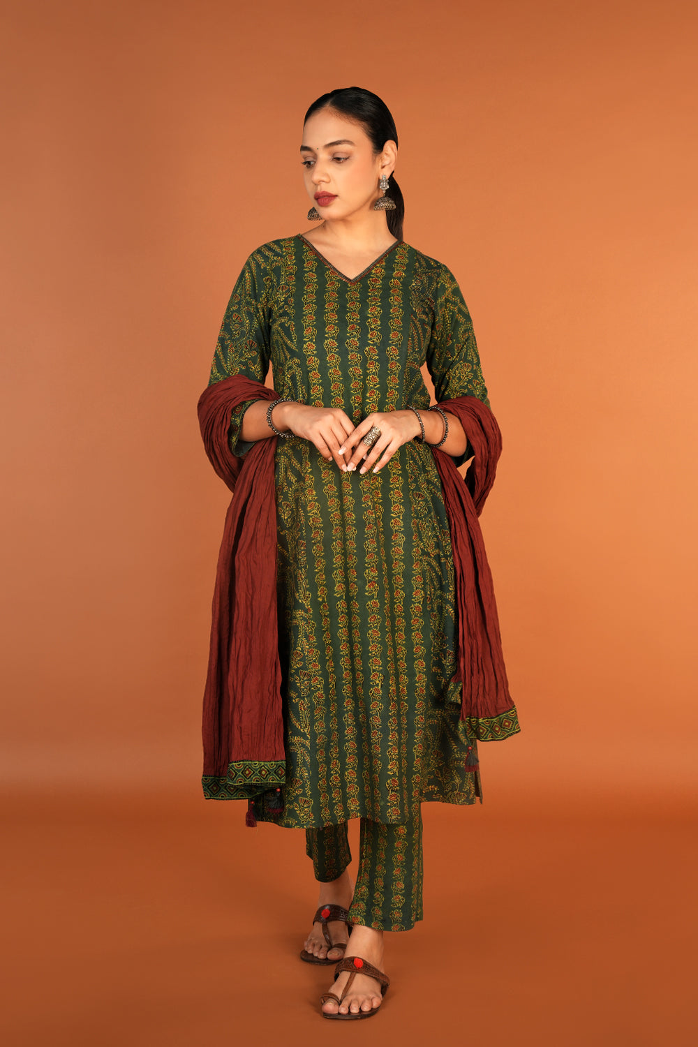 Image of Forest Green Ajrak handblock printed kurta with dupatta set